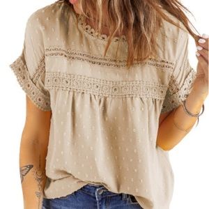 Apricot Swiss Dot Lace Splicing Short Sleeve Top